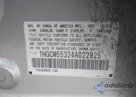 2004 Honda Accord Lx from USA, damaged, VIN 1HGCM55324A022925